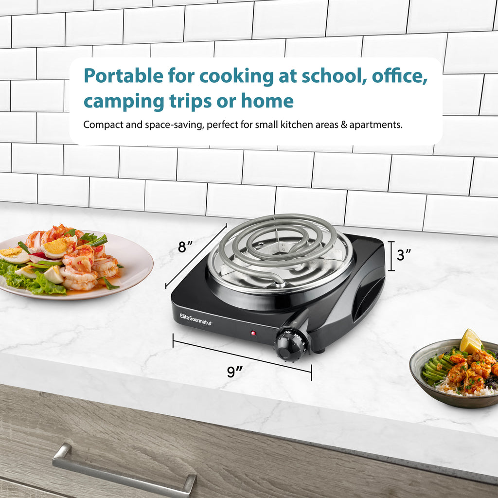 Portable for cooking school, office, camping trips or home.  Compact and space-saving, perfect for small kitchen areas & apartments.  Dimensions:  8" Length, 9" Width, 3" Height.