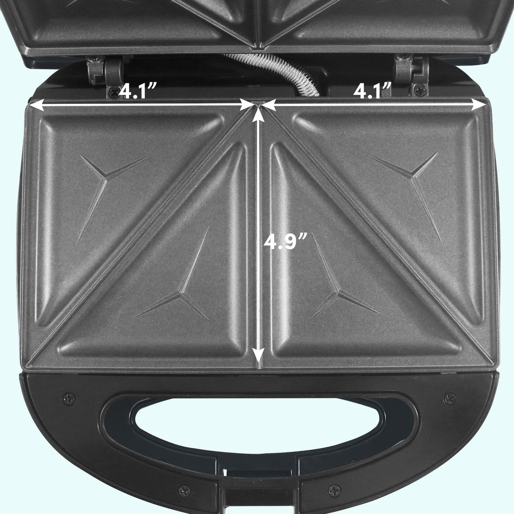 Cooking plate view with measurements. Makes four triangle sandwiches at a time. Sandwich sized 4.1 inches by 4.9 inches. 