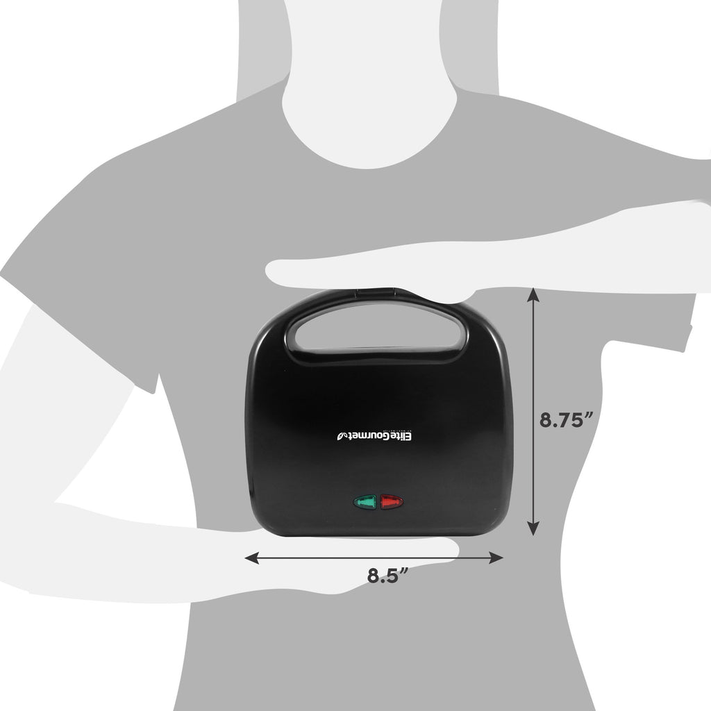 A person silhouette illustration holding the sandwich maker upright and the sandwich maker dimension is 8.75 inches tall, 8.5 inches wide. 