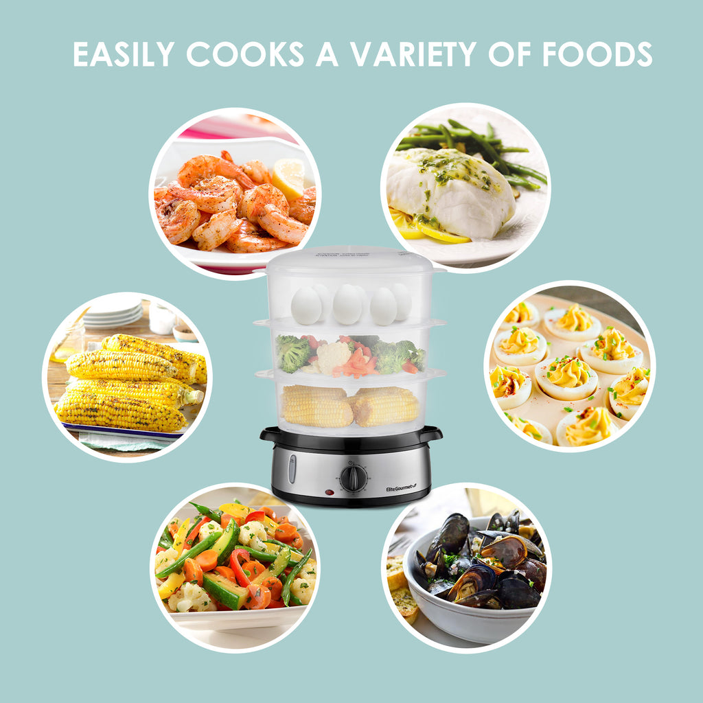 Easily cooks a variety of foods.  Images of various steamed foods surround the food steamer, such as fish, vegetable, eggs, shrimp and mussels.