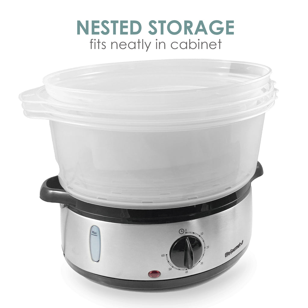 Nested Storage fits neatly in cabinet.  Steamer Baskets nests into each other.