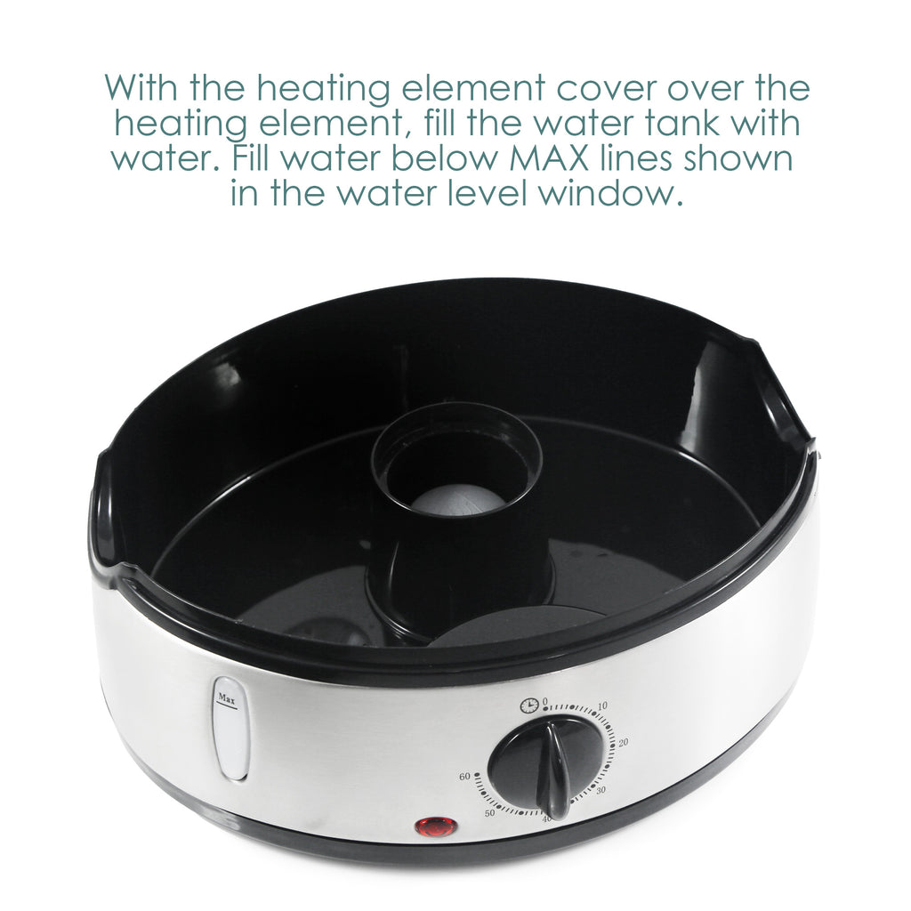 With the heating element cover over the heating element, fill the water tank with water.  Fill water below MAX lines show in the water level window.