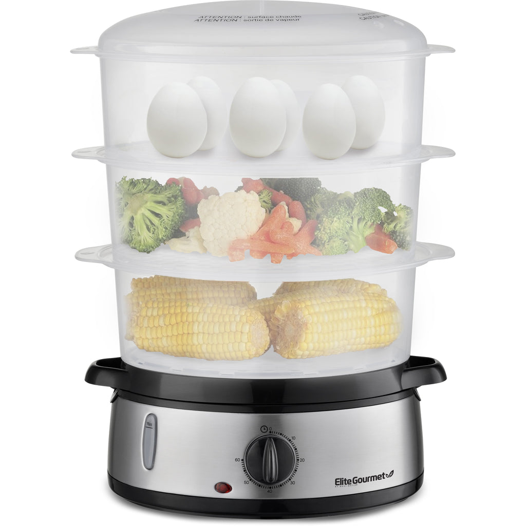 9.5Qt. Stainless Steel 3-Tier Food Steamer with Eggs, Vegetables and Corn inside steamer baskets.
