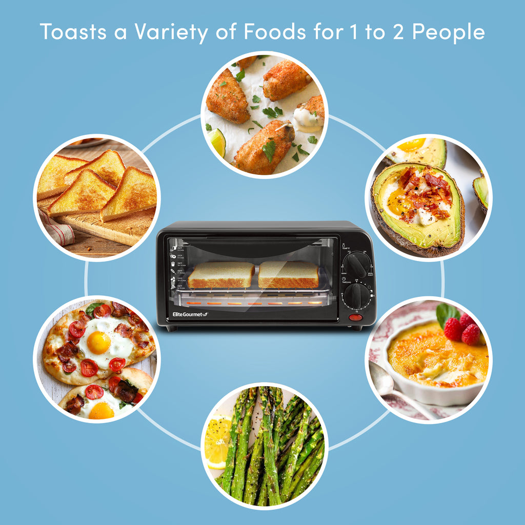 Various cooked foods displayed around the toaster oven. Toasts a variety of foods for 1 to 2 people.