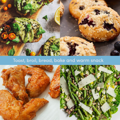 Images of various cooked foods. Toast, broil, bread, bake and warm snack.