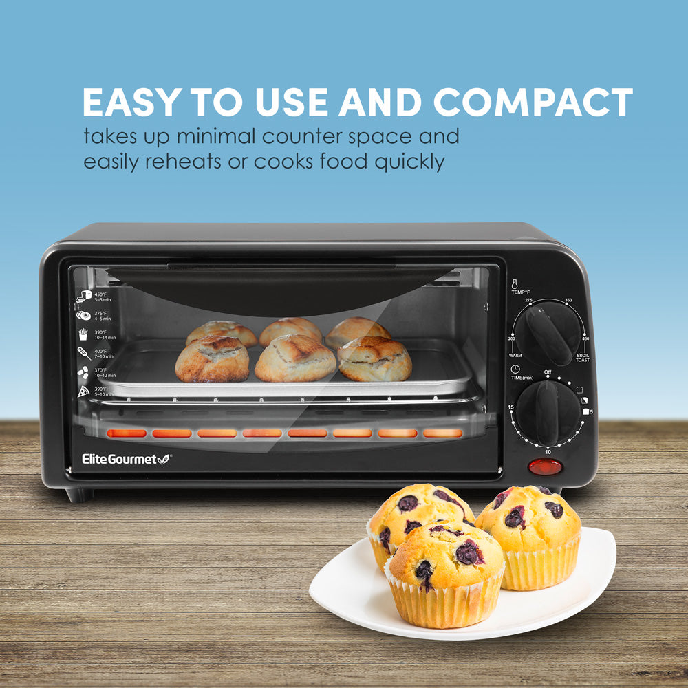 Easy to use and compact. Takes up minimal counter space and easily reheats or cooks food quickly. Image of toaster oven with small pastries inside and a plate of muffins on the side.
