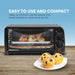 Easy to use and compact. Takes up minimal counter space and easily reheats or cooks food quickly. Image of toaster oven with small pastries inside and a plate of muffins on the side.