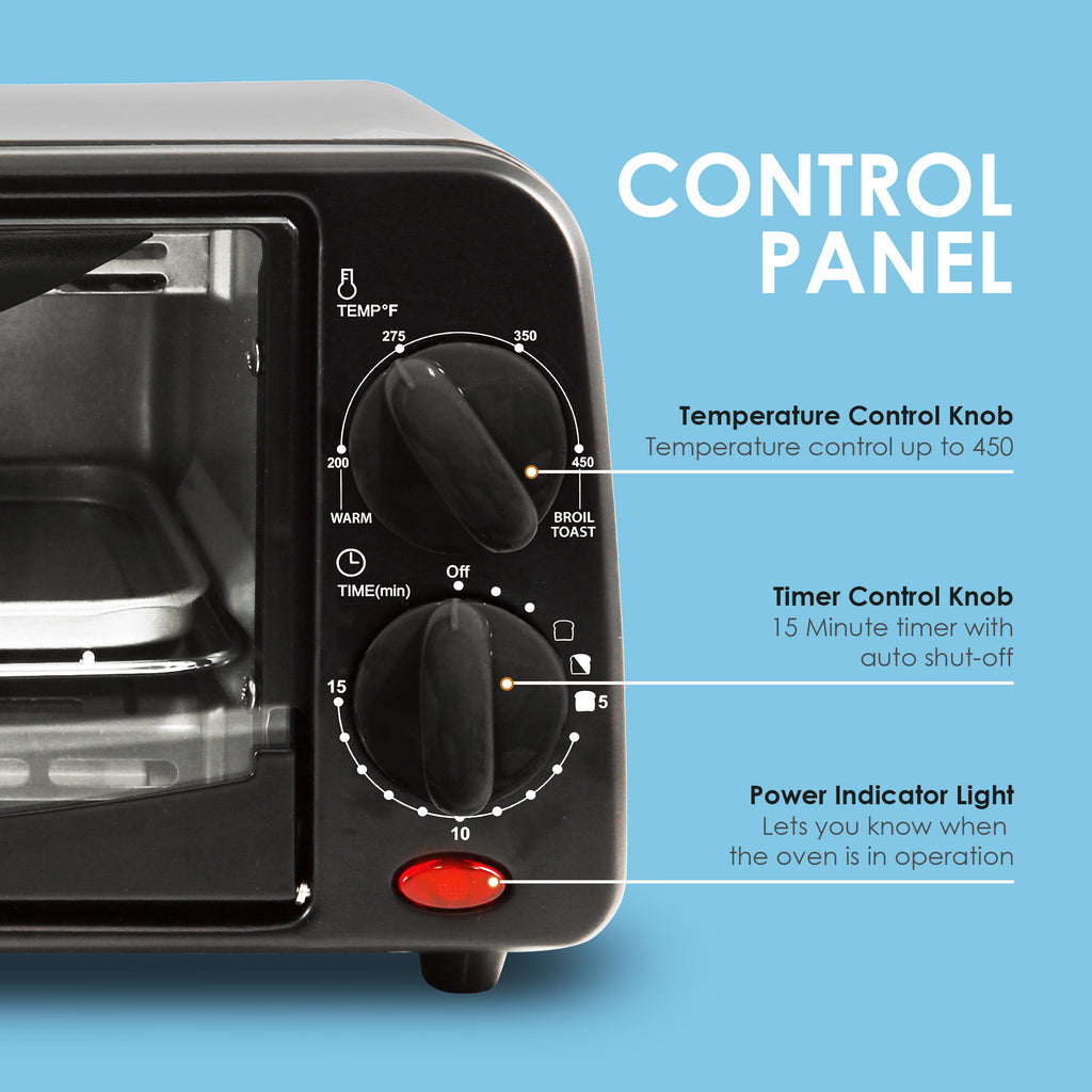 Control panel: Temperature Control Knob up to 450 degree. Timer control knob 15 minute timer with auto shut-off. Power indicator light lets you know when the oven is in operation.
