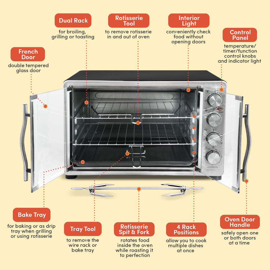 French Door, Dual Rack, Rotisserie Tool, Interior Light, Control Panel, Bake Tray, Tray Tool, Rotisserie Spit & Fork, 4 Rack Positions, Oven Door Handle.