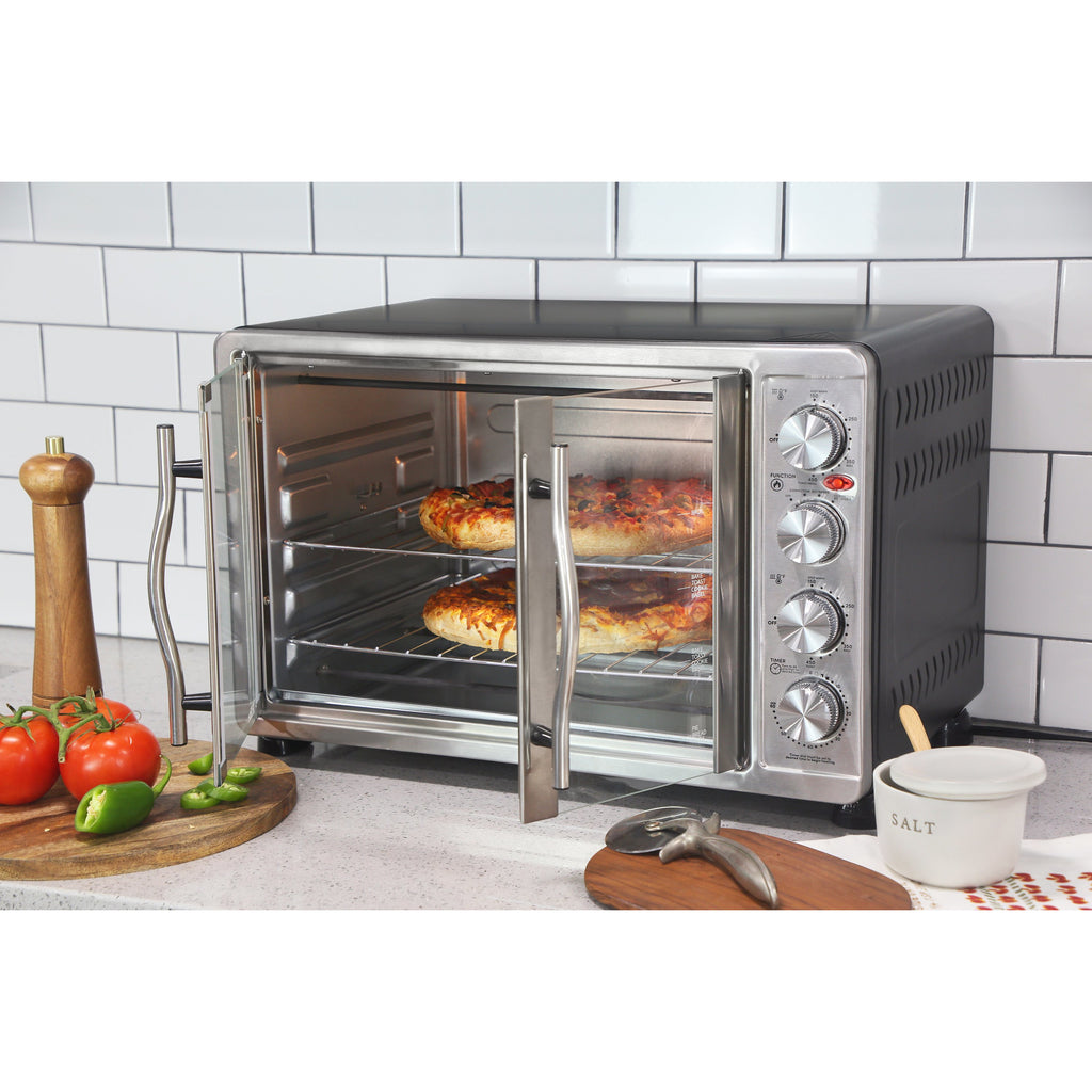 45L French Door Convection Toaster Oven Rotisserie with pizzas