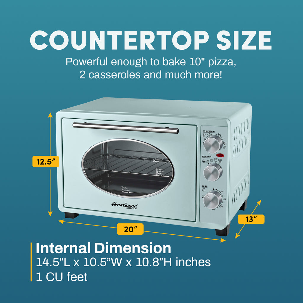 Countertop Size.  Powerful enough to bake 10" pizza, 2 casseroles and much more!  Exterior Dimensions 12.5" x 20" x 13".  Internal Dimension 14.5"L x 10.5"W x 10.8"H inches.  1CU Feet