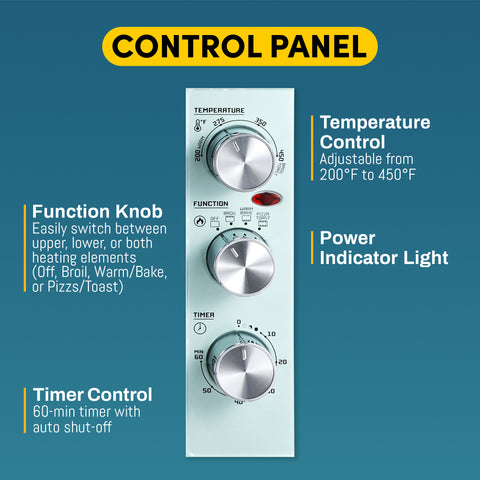 Control Panel.  Temperature Control adjustable from 200F to 450F.  Function Knob easily switch between upper, lower or both heating elements.  (Off, Broil, Warm/Bake, or Pizzas/Toast)  Power Indicator Light.  Timer Control 60-min timer with auto shut-off.