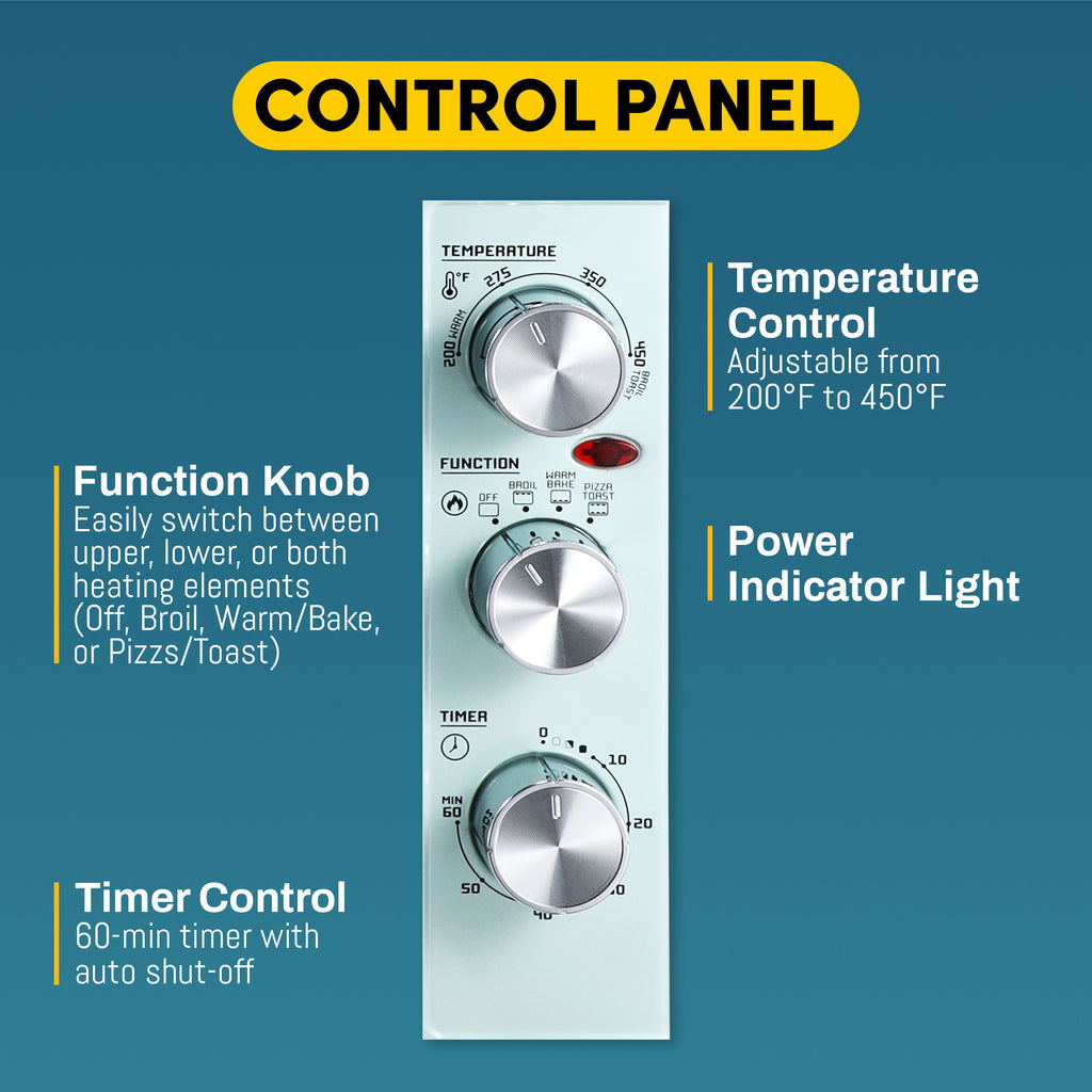 Control Panel.  Temperature Control adjustable from 200F to 450F.  Function Knob easily switch between upper, lower or both heating elements.  (Off, Broil, Warm/Bake, or Pizzas/Toast)  Power Indicator Light.  Timer Control 60-min timer with auto shut-off.