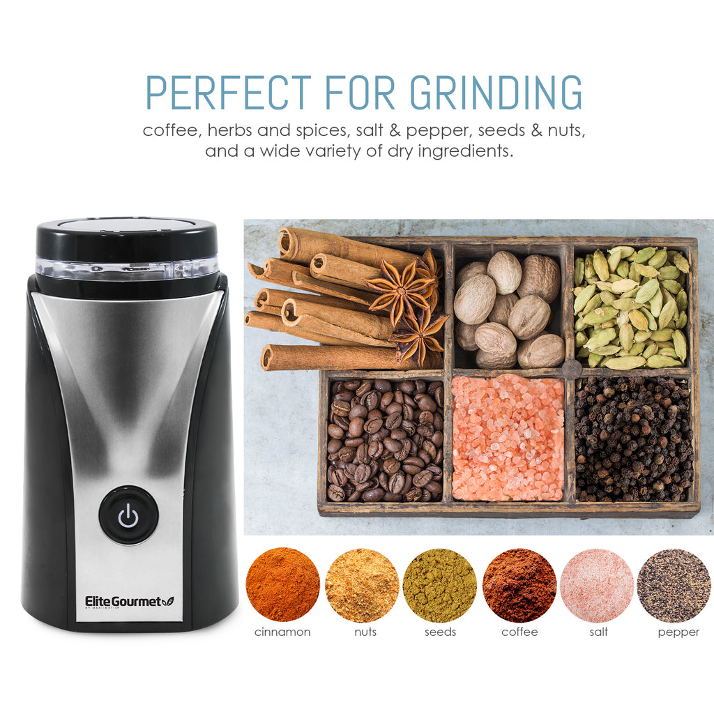 Perfect for Grinding coffee, herbs, spices, salt & pepper, seeds & nuts, and a wide variety of dry ingredients.  Cinnamon, Nuts, Seeds, Coffee, Salt, Pepper.