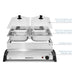 Image showing parts of 5Qt. Dual Tray Stainless Steel Buffet Server Food Warmer TWO CLEAR DOME LIDS WITH UTENSIL SLOTS, TWO 2.5 QT. STAINLESS STEEL BUFFET TRAYS, RETAINING SHELF, STAINLESS STEEL WARMING TRAY.