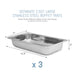 SEPARATE 2.5QT. LARGE STAINLESS STEEL BUFFET TRAYS (3X). Keep three different dishes warm and ready to serve for the crowd. 12.5" width, 2" height, 7" length