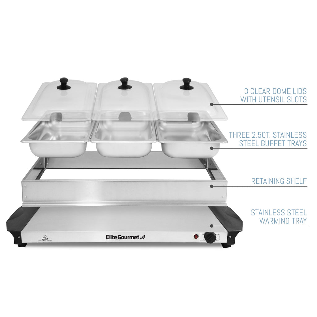3 CLEAR DOME LIDS WITH UTENSIL SLOTS, THREE 2.5QT. STAINLESS STEEL BUFFET TRAYS, RETAINING SHELF, STAINLESS STEEL WARMING TRAY.