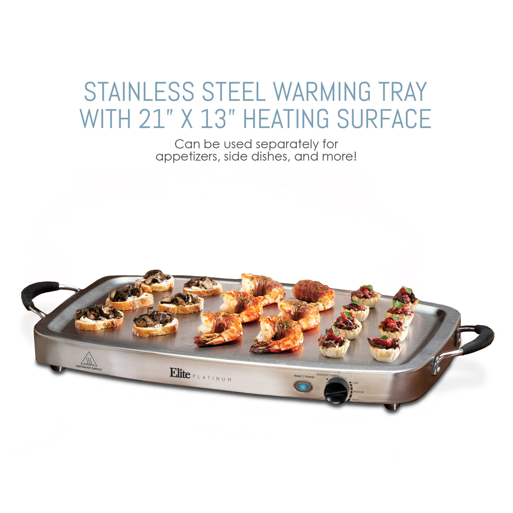 Stainless steel warming tray with 21" x 13" heating surface.  Can be used separately for appetizers, side dishes and more!