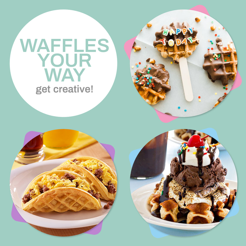 WAFFLES YOUR WAY get creative! Image showing various kinds of waffles.