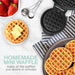 HOMEMADE MINI WAFFLE make all the waffles you desire in minutes. Image showing 5" mini waffle maker with waffles and strawberries on the floor with top view.