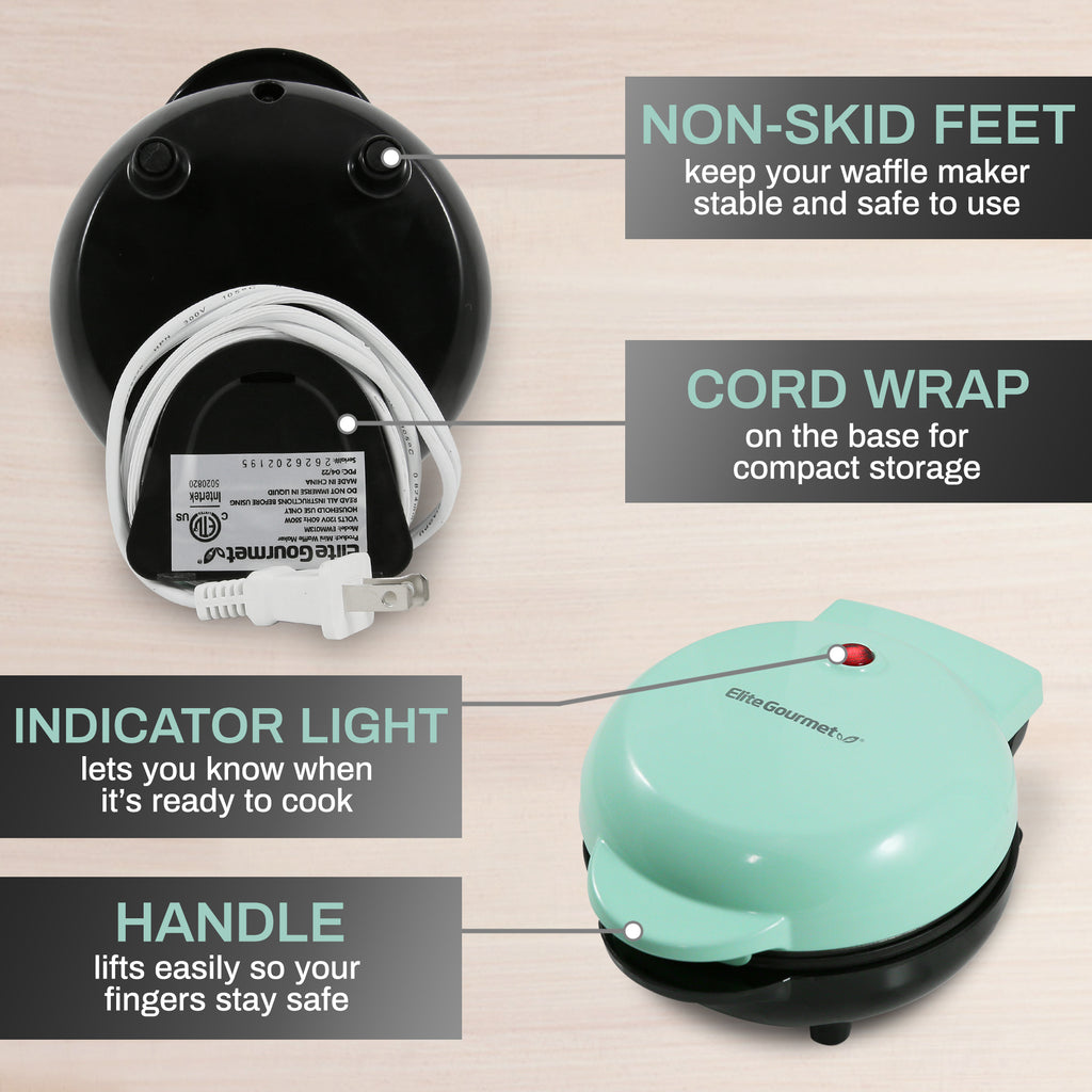 NON-SKID FEET keep your waffle maker stable and safe to use. CORD WRAP on the base for compact storage. INDICATOR LIGHT lets you know when it's ready to cook, HANDLE lifts easily so your fingers stay safe.