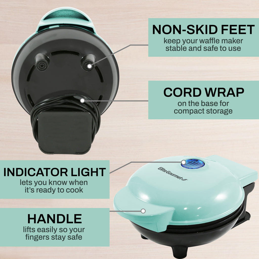 NON-SKID FEET keep your waffle maker stable and safe to use. CORD WRAP on the base for compact storage, INDICATOR LIGHT lets you know when it's ready to cook, HANDLE lifts easily so your fingers stay safe.