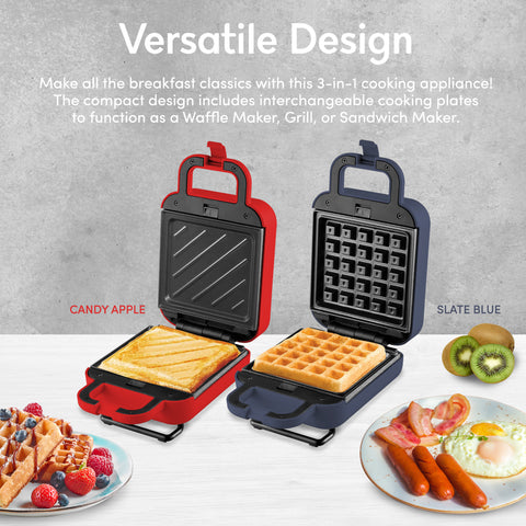 Versatile Design Make all the breakfast classics with this 3-in-1 cooking appliance! The compact design includes interchangeable cooking plates to function as a Waffle Maker, Grill, or Sandwich Maker. Showing red and blue gray color of mini waffle makers