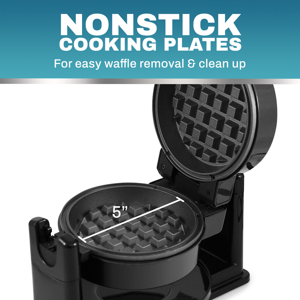 NONSTICK COOKING PLATES For easy waffle removal & clean up. 5" Diameter of cooking plate.