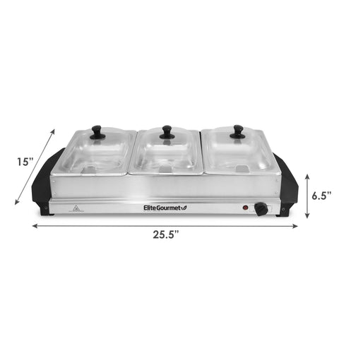 7.5-Quart Triple Buffet Server Food Warmer dimensions. 25.5" width, 6.5" height, 15" length