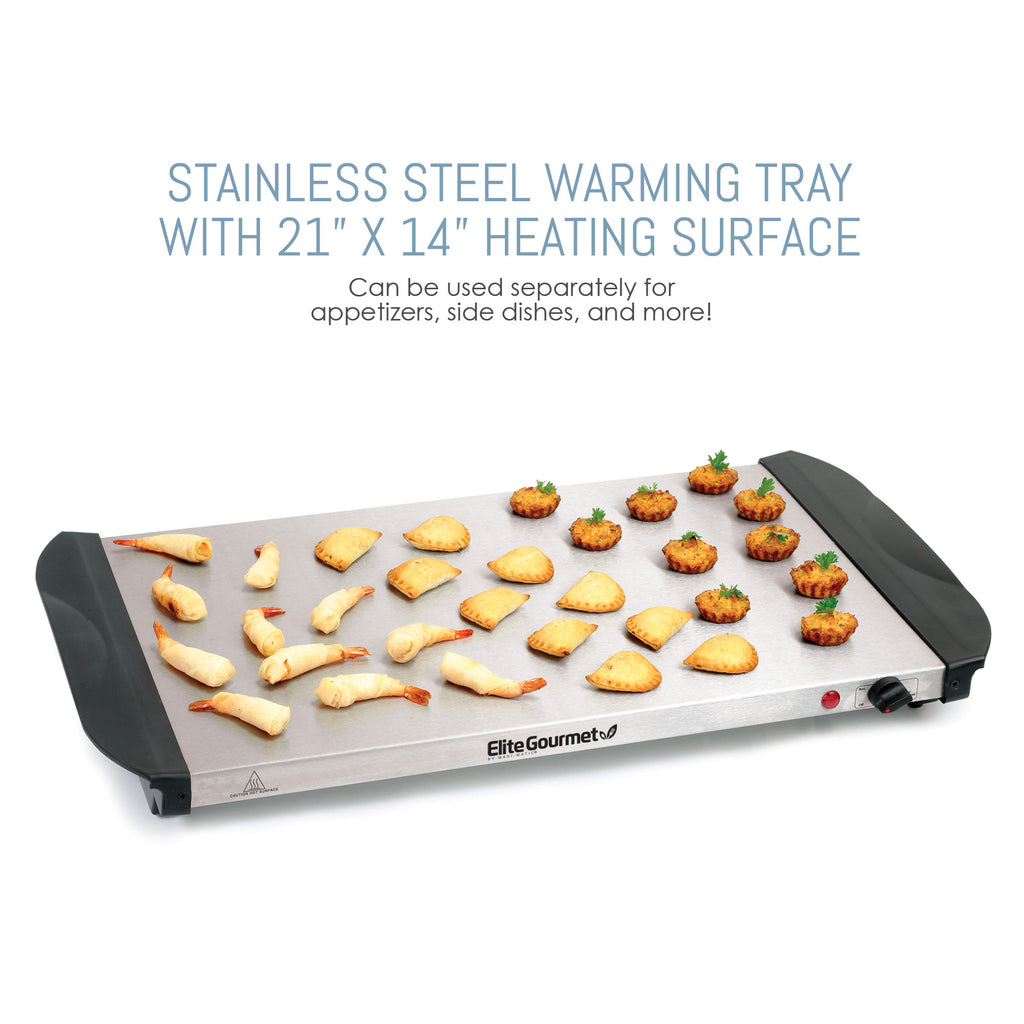 STAINLESS STEEL WARMING TRAY WITH 21" X 14" HEATING SURFACE. Can be used separately for appetizers, side dishes, and more!