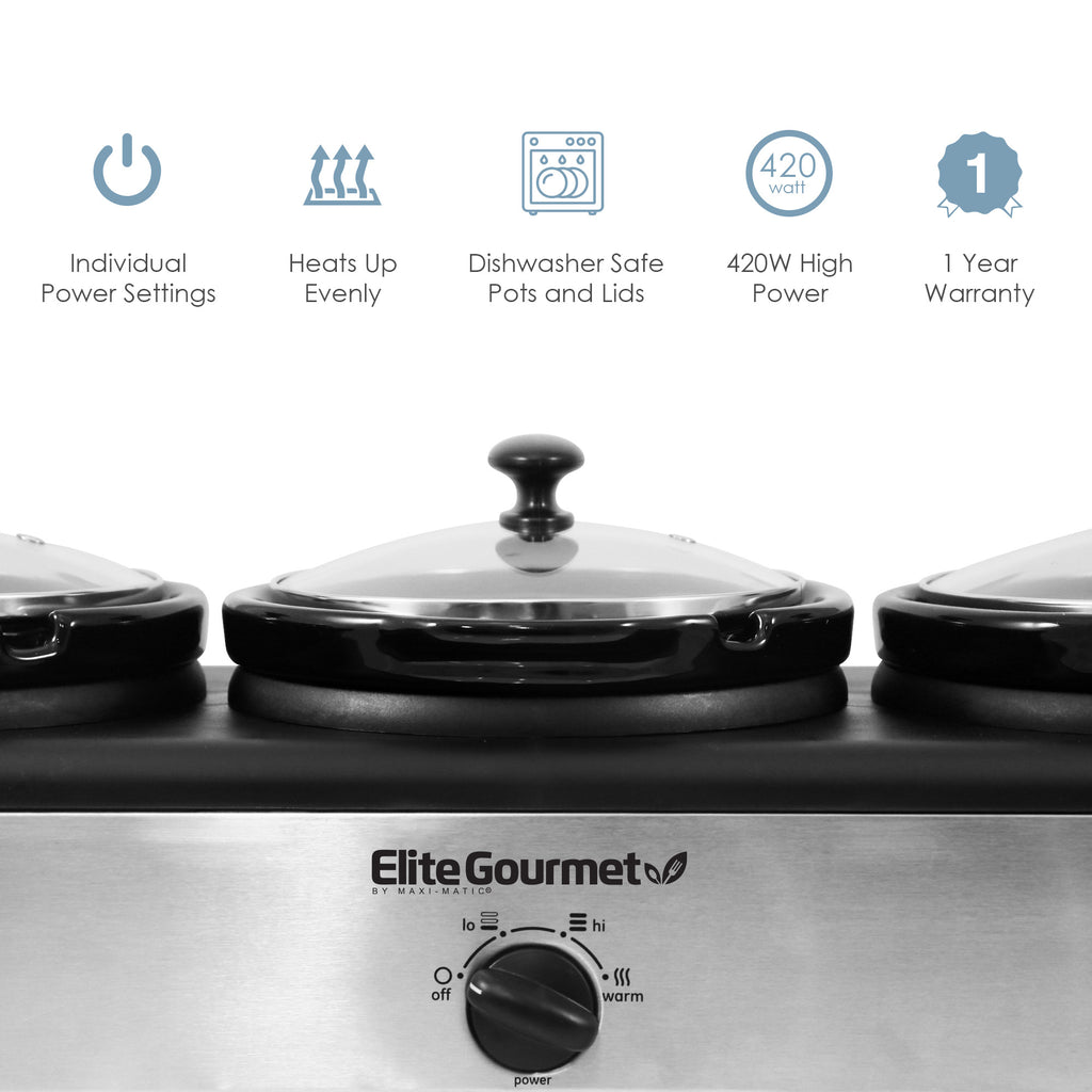 Elite Platinum 7.5Qt. Triple Slow Cooker Buffet with Individual Lid Rests  [EWMST-325] – Shop Elite Gourmet - Small Kitchen Appliances