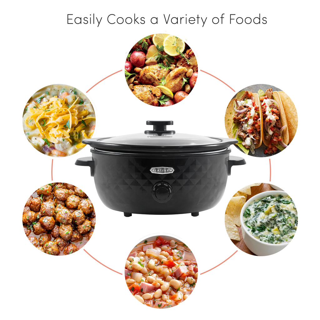 Various cooked foods displayed around the slow cooker.  Easily cooks a variety of foods.