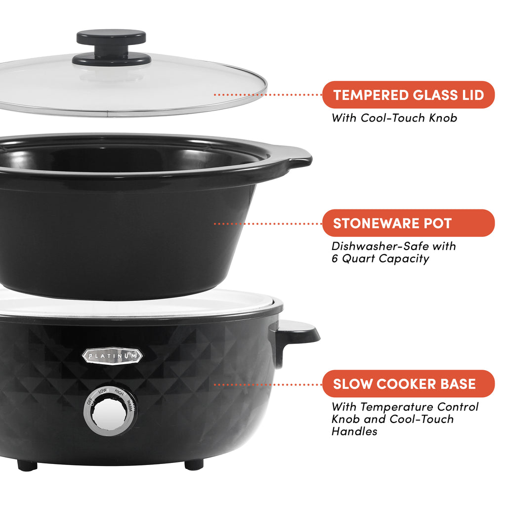 Tempered Glass Lid with Cool-Touch Knob.  Stoneware Pot Dishwasher-safe with 6 Quart capacity.  Slow cooker base with temperature control knob and cool-touch handles.