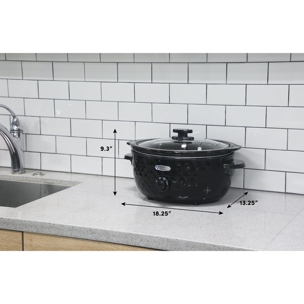 Slow cooker on kitchen counter.  Dimensions 9.3" Height, 18.25" Width, 13.25" Length