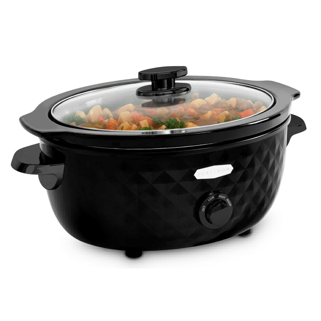 6Qt. Oval Slow Cooker with beef and vegetable stew inside.