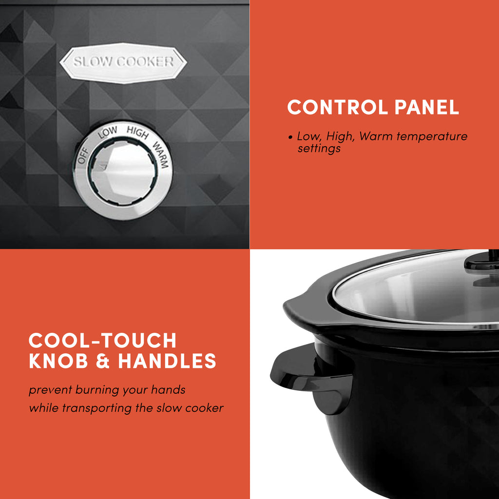 Control Panel Low, High, Warm temperature settings.  Cool-Touch knob & handles prevent burning your hands while transporting the slow cooker.
