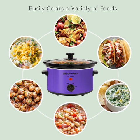 Easily Cooks a Variety of Foods. Showing various types of foods surrounding to Elite Gourmet Electric Slow Cooker.