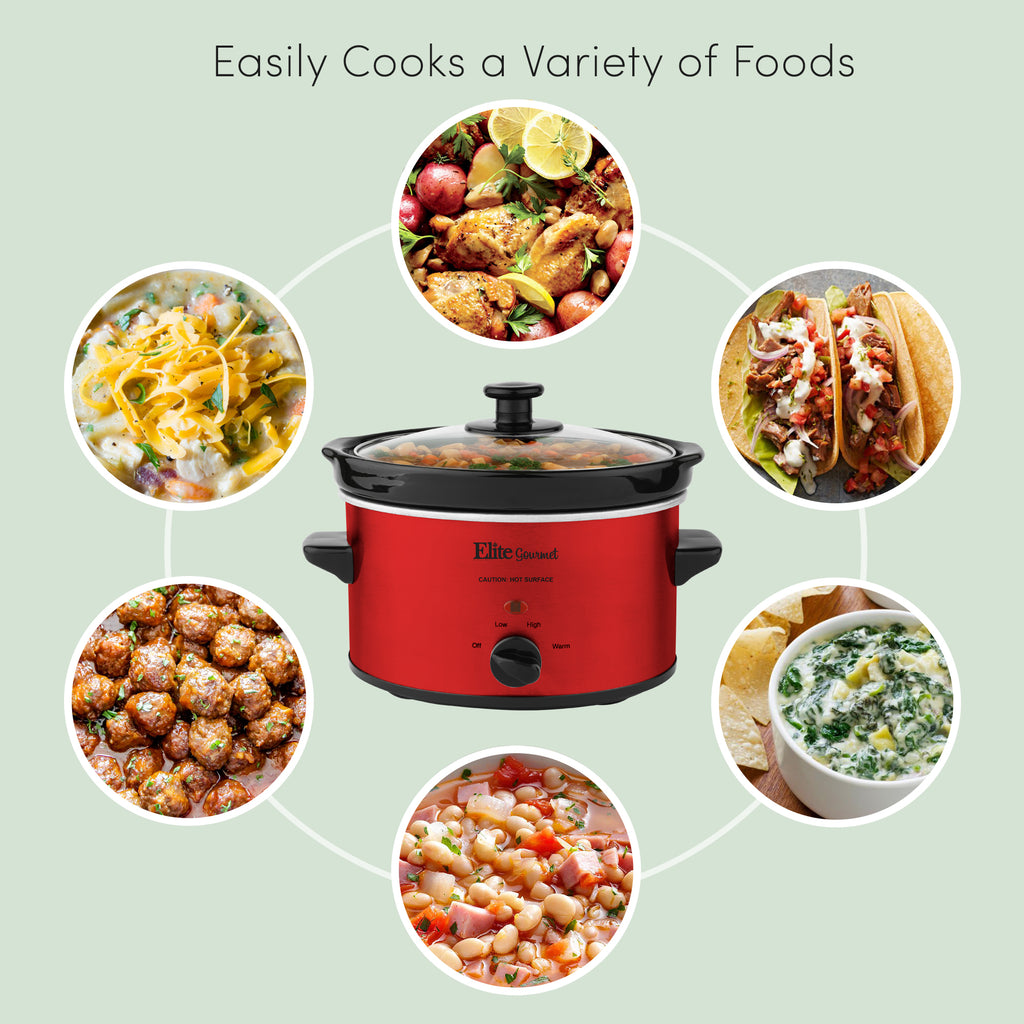 2 Qt. Oval Electric Slow Cooker with Glass Lid (Metallic Red