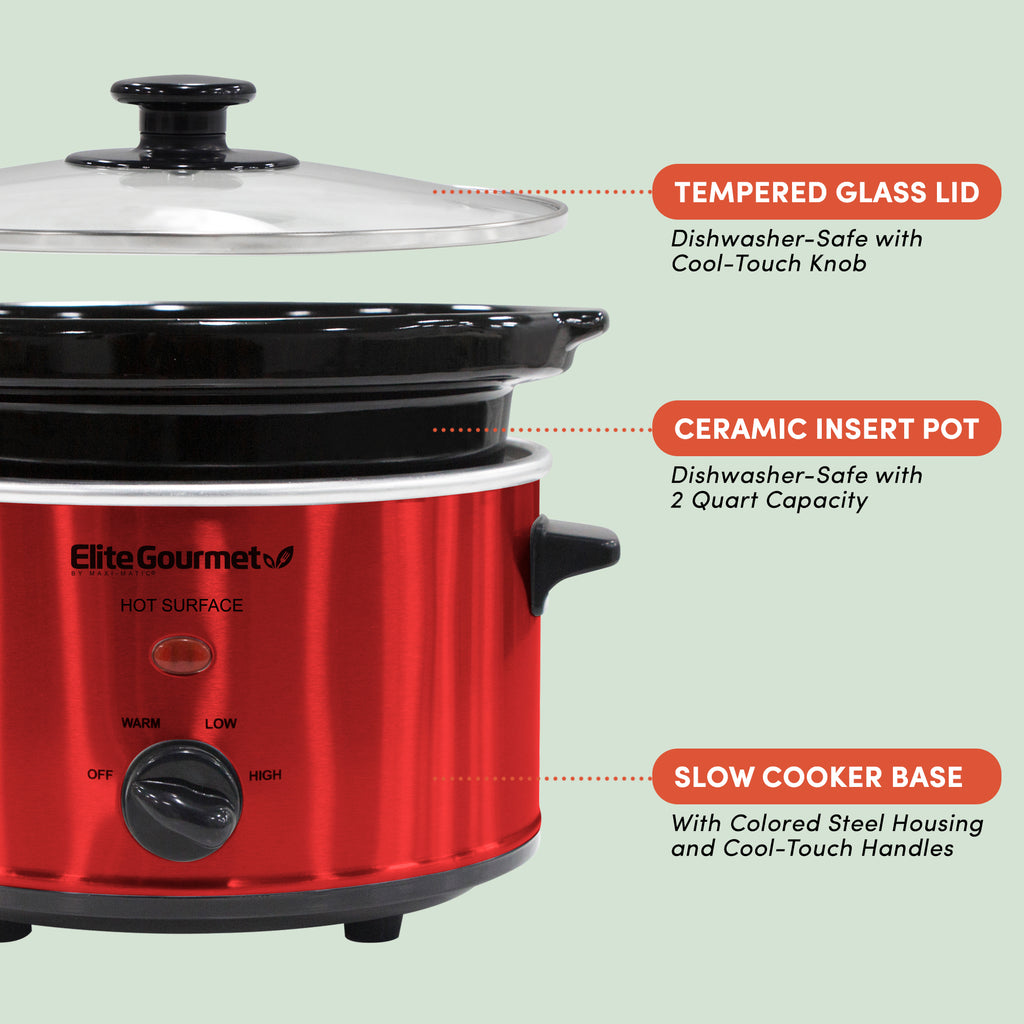 TEMPERED GLASS LID With Cool-Touch Knob. STONEWARE POT Removable 2 Qt. Dishwaher-safe stoneware insert pot for easy cleaning. SLOW COOKER BASE with temperature control knob and cool-touch handles. Showing Elite Gourmet Electric Slow Cooker parts.
