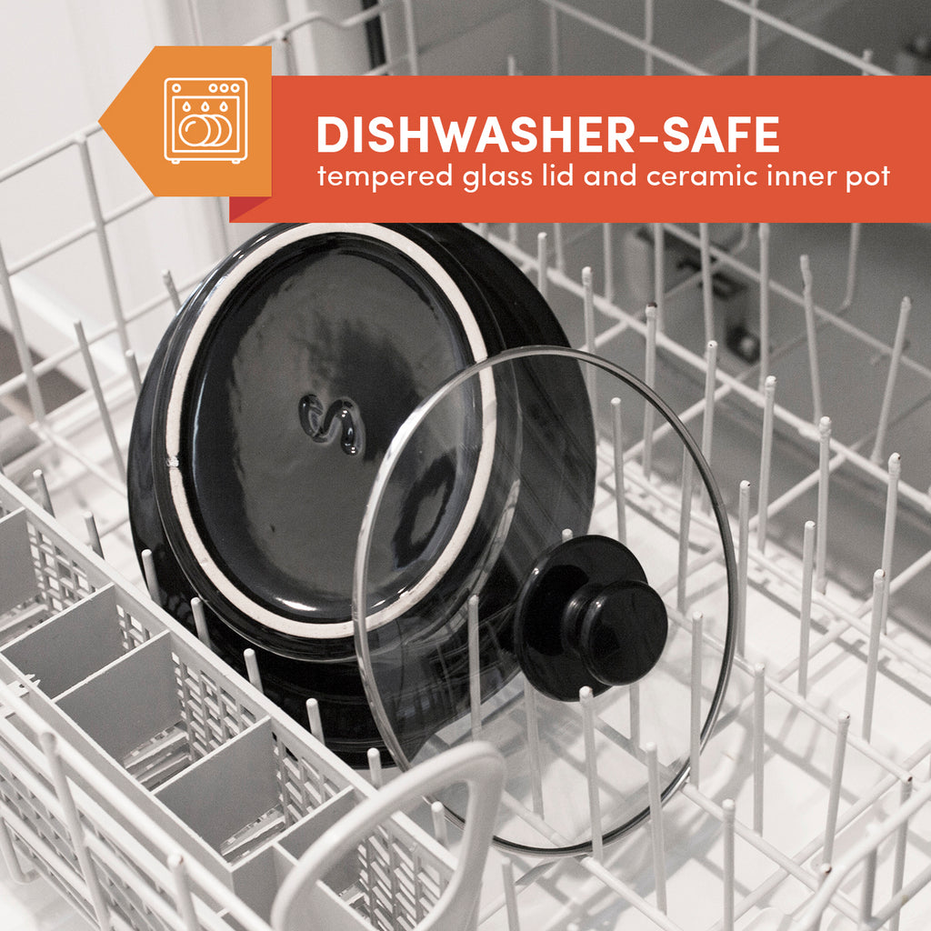 DISHWASHER-SAFE tempered glass lid and ceramic inner pot. Slow cooker parts inside of the dishwasher.