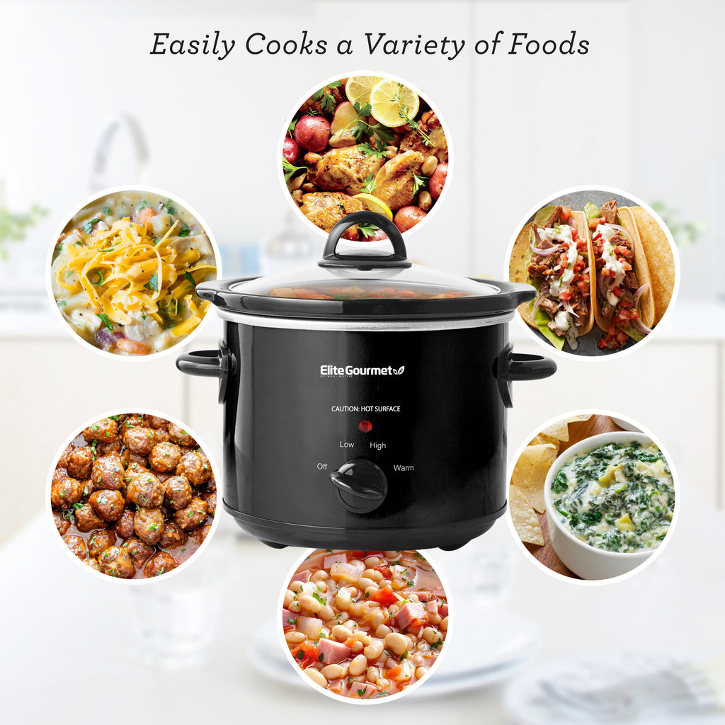 Easily Cooks a Variety of Foods. Oval Slow Cooker surrounded by  various types of foods