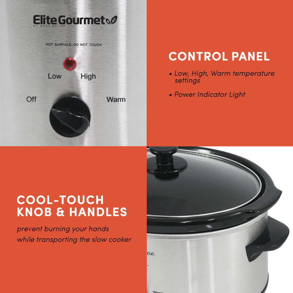 Control Panel Low, High, Warm temperature settings.  Power indicator light.  Cool-touch knob and handles prevent burning your hands while transporting the slow cooker.