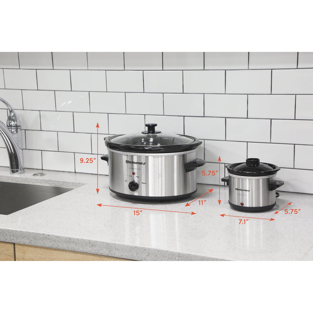 Slow cookers displayed on kitchen counter.  Dimensions of 5Qt. 9.25" Height, 15" Width, 11" Length.  Mini Dipper 5.75" Height, 7.1" Width, 5.75 Length.