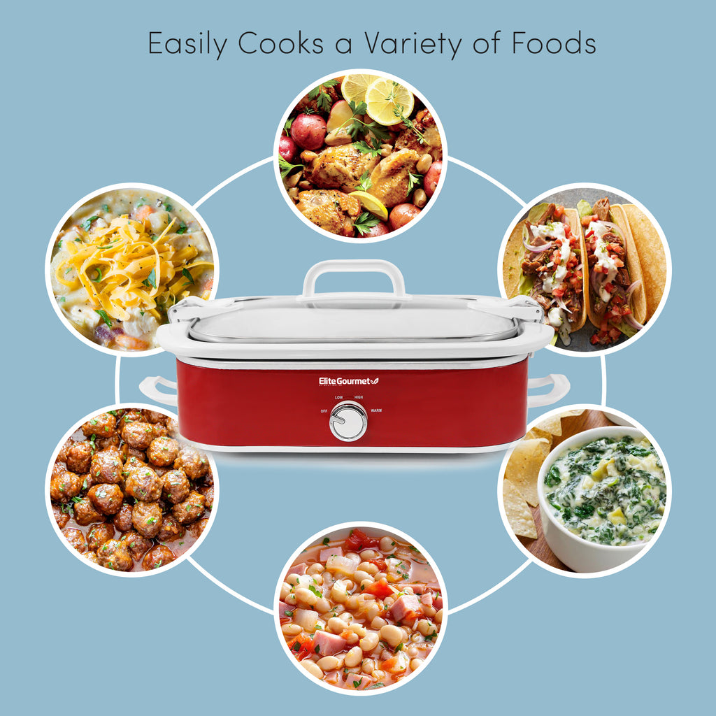 Easily Cooks a Variety of Foods. Image showing Slow Cooker surrounded by various types of foods.