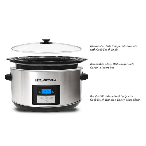 Dishwasher-Safe Tempered Glass Lid with Cool-Touch Knob.  Removable 8.5Qt. Dishwasher-Safe Ceramic Insert Pot, Brushed Stainless Steel body with Cool-Touch handles, easily wipe clean.