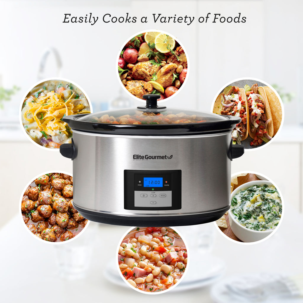 Easily cooks a variety of foods.  Images of various meals and side dishes surround the slow cooker.