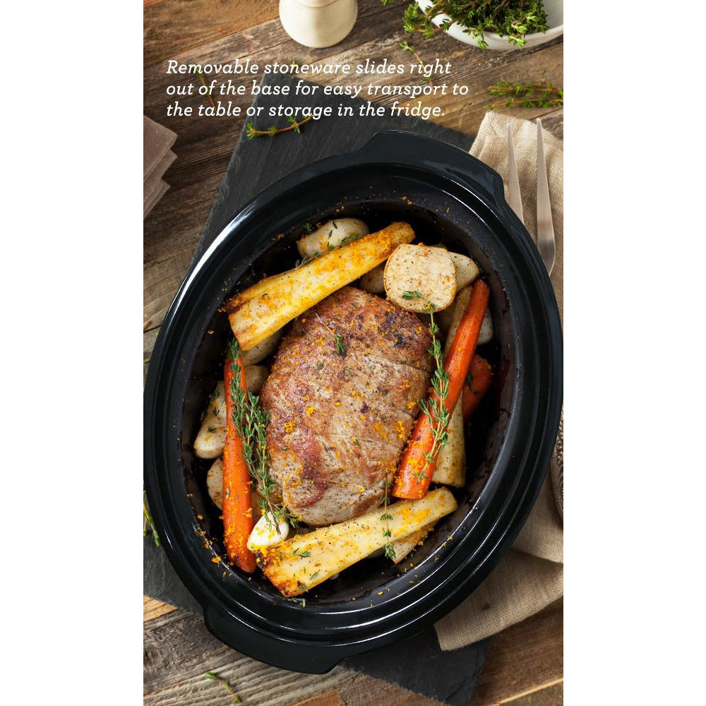 Removable stoneware slides right out of the base for easy transport to the table or storage in the fridge.  Large roast and vegetables are cooking inside inner pot.