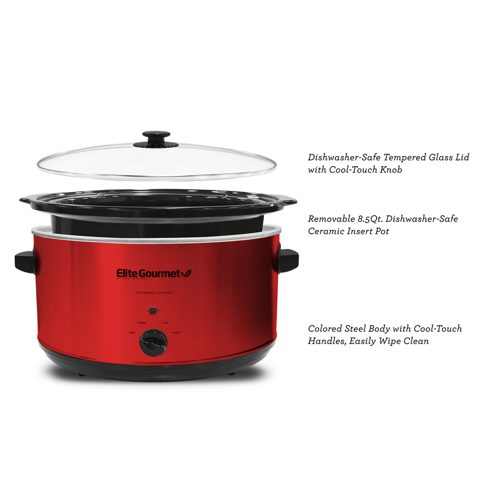 8.5 Qt. Deluxe Metallic Red Slow Cooker with Glass Lid – Elite Gourmet - Small Kitchen Appliances
