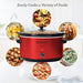 Easily cooks a variety of foods. Images of various meals and side dishes surround the slow cooker.