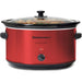 8.5 Qt. Metallic Red Slow Cooker and Glass Lid with beef stew inside cooking pot.